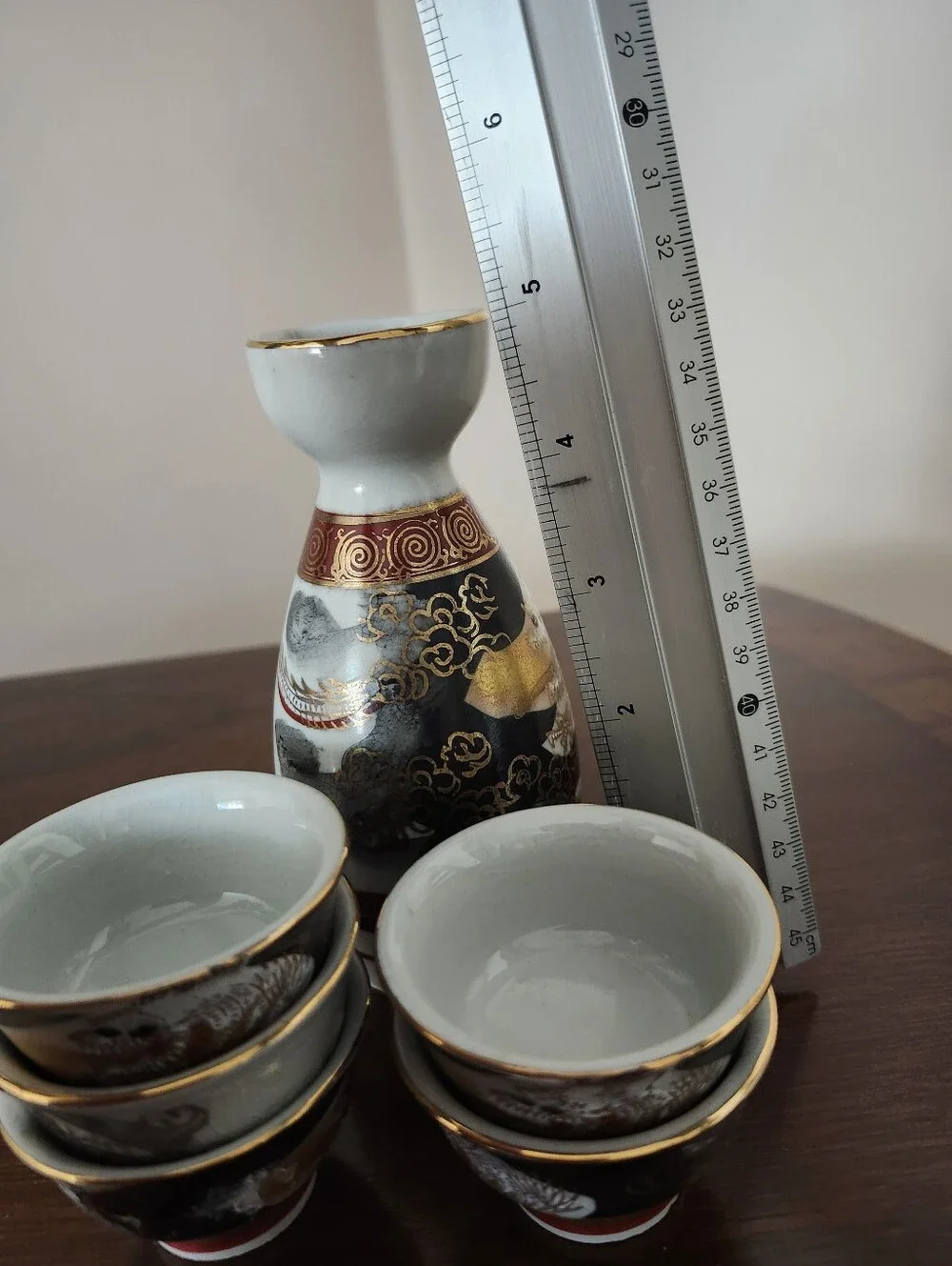 Vintage Japanese Kutani Dragon Sake Set with Gold Accents - White, Black, Red